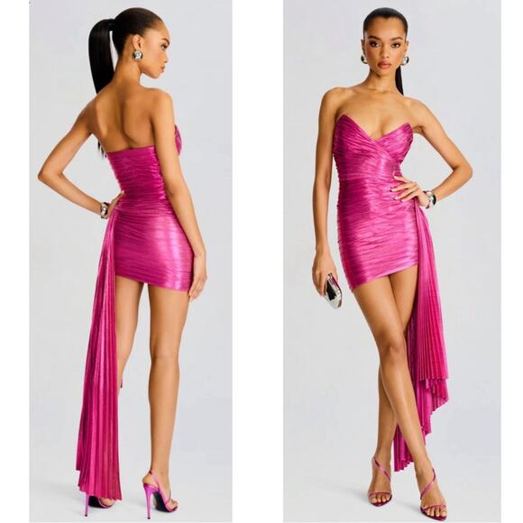 Retrofete Daniele Ruched Strapless Draped Sash Train Pink Mini Dress Sz XL - Picture 1 of 10
